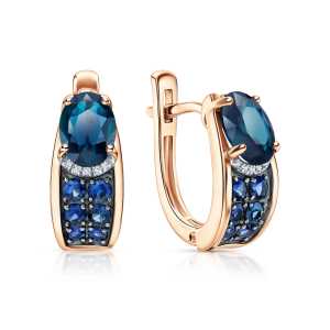 Золотые серьги с бриллиантами природными, топазами природными и сапфирами природными